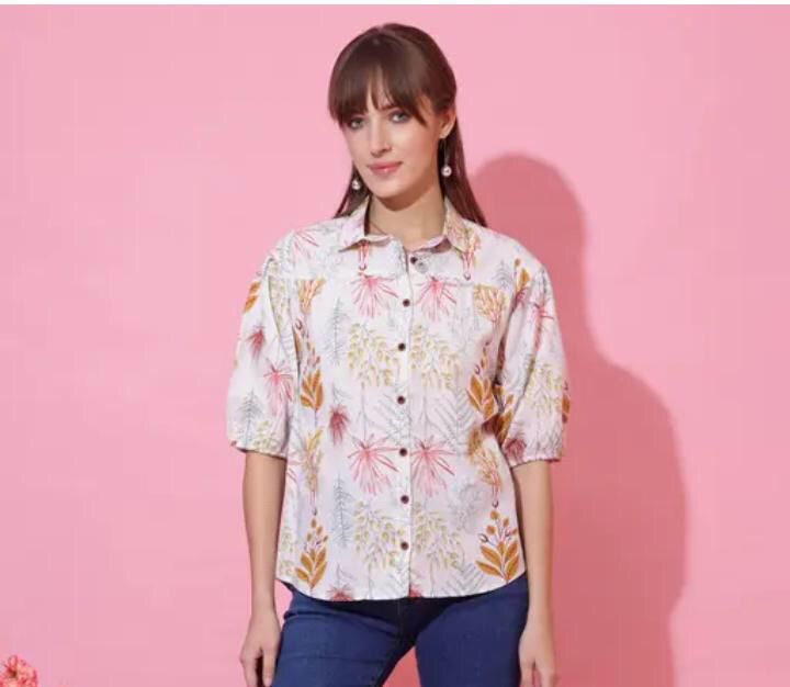 FLORAL COTTON TOP WITH CUFFED SLEEVES FOR WOMEN