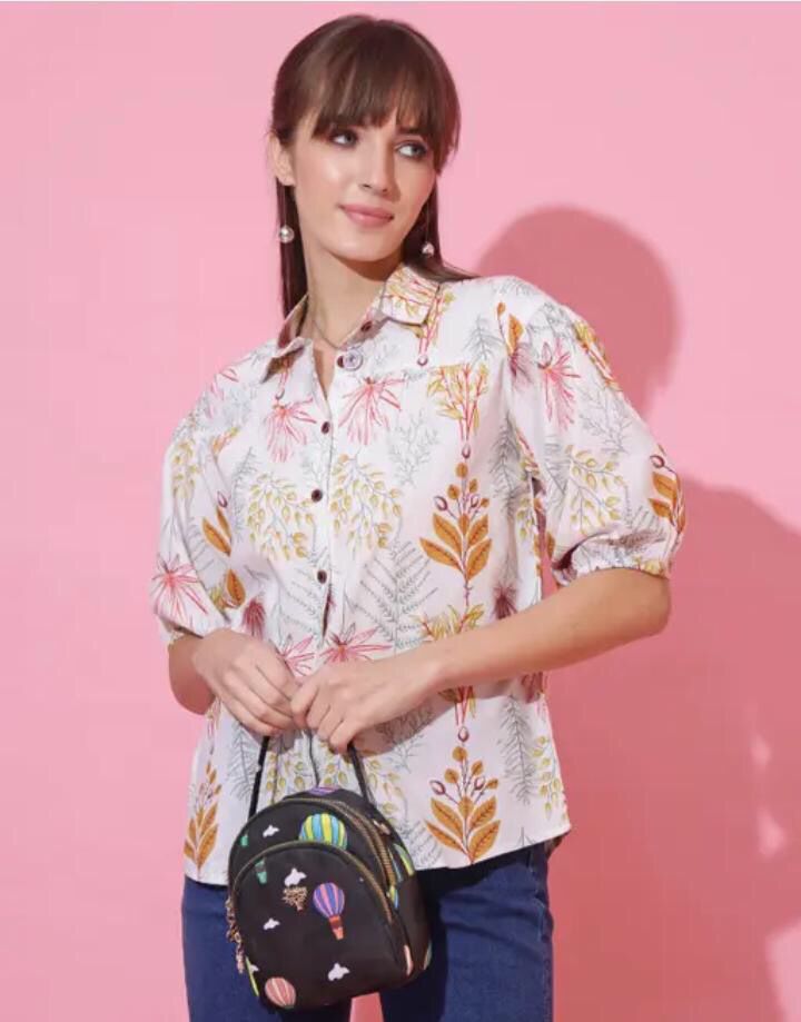 FLORAL COTTON TOP WITH CUFFED SLEEVES FOR WOMEN
