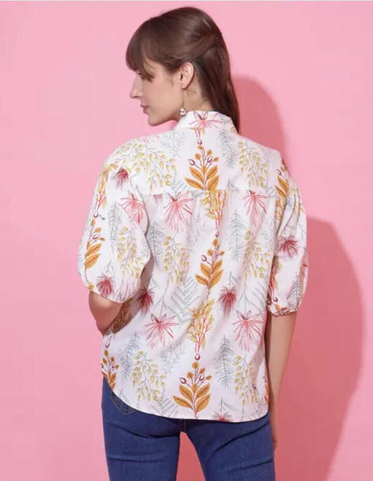 FLORAL COTTON TOP WITH CUFFED SLEEVES FOR WOMEN