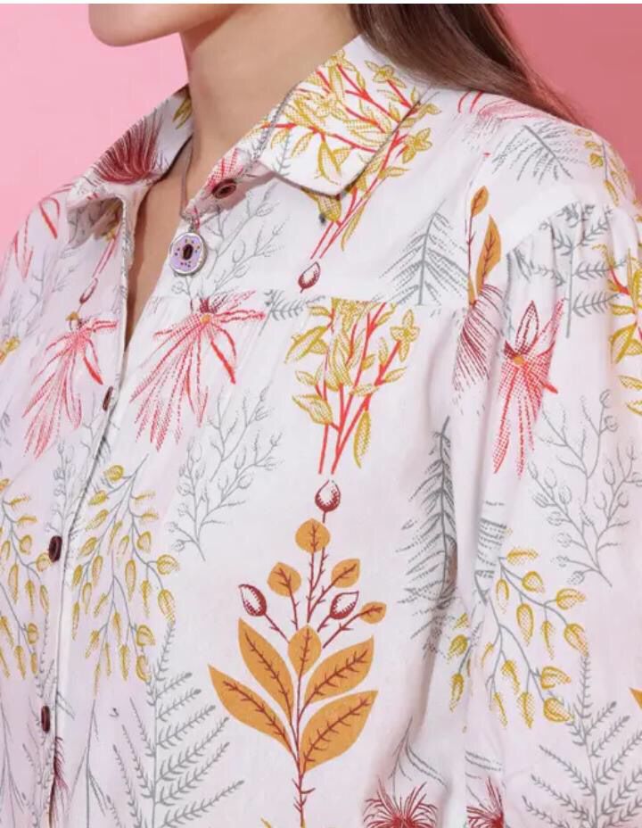 FLORAL COTTON TOP WITH CUFFED SLEEVES FOR WOMEN