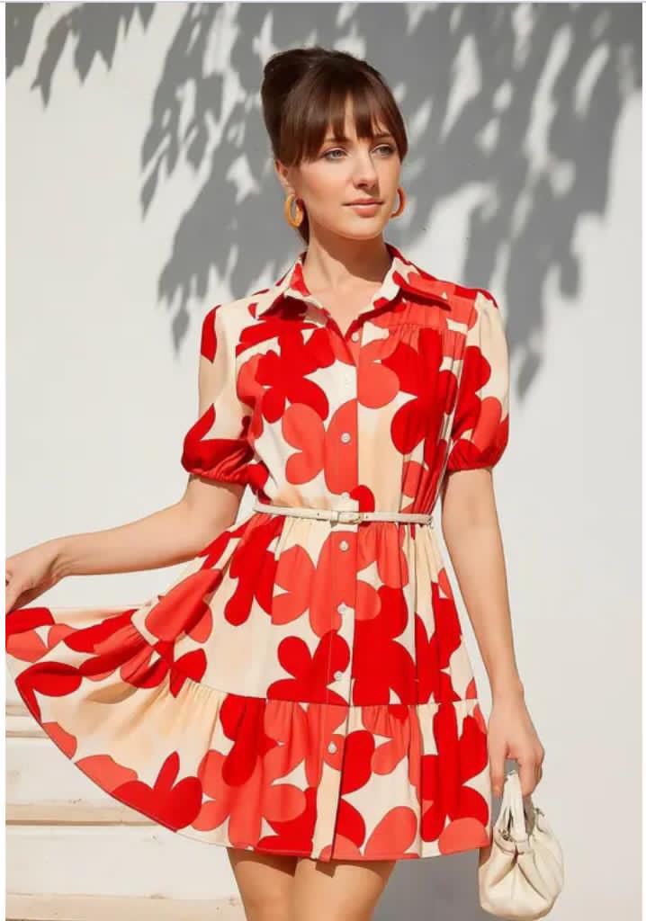 FLORAL PRINT REGULAR SLEEVES A-LINE MIDI SHIRT DRESS WHIT CHOICE OF TWO COLOURS