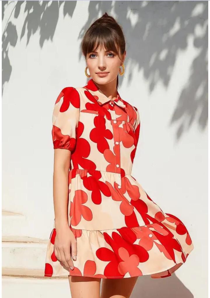 FLORAL PRINT REGULAR SLEEVES A-LINE MIDI SHIRT DRESS WHIT CHOICE OF TWO COLOURS