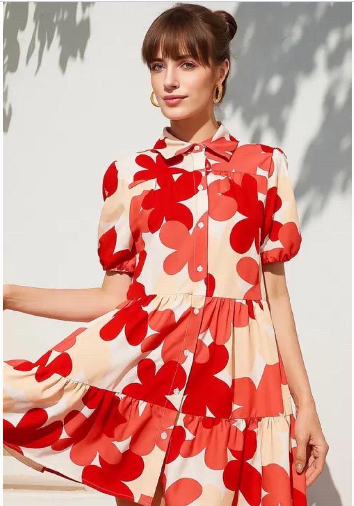 FLORAL PRINT REGULAR SLEEVES A-LINE MIDI SHIRT DRESS WHIT CHOICE OF TWO COLOURS