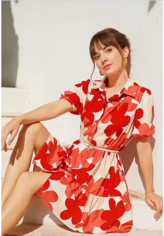 FLORAL PRINT REGULAR SLEEVES A-LINE MIDI SHIRT DRESS WHIT CHOICE OF TWO COLOURS