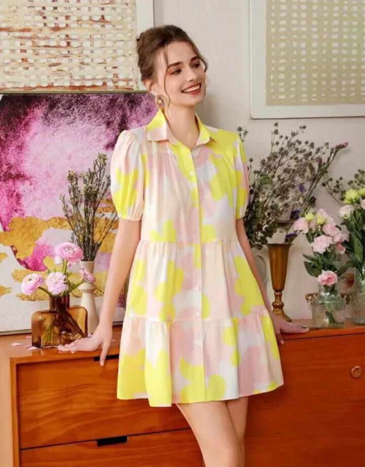 FLORAL PRINT REGULAR SLEEVES A-LINE MIDI SHIRT DRESS WHIT CHOICE OF TWO COLOURS